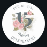 Quinceanera Rustic Floral 15th Birthday Classic Round Sticker<br><div class="desc">Cute modern yet elegant Quinceañera Mis Quince Anos birthday party stickers. Featuring a rustic floral olive green and pink colours design and template that can be easily edited and the text replaced with your own details by clicking the "Personalize" button. For further customization, please click the "Customize Further" link and...</div>