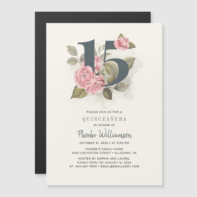 Quinceanera Rustic Floral 15th Birthday Magnetic Invitation (Front/Back)