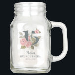 Quinceanera Rustic Floral 15th Birthday Mason Jar<br><div class="desc">Cute modern yet elegant Quinceañera Mis Quince Anos birthday party jars. Featuring a rustic floral olive green and pink colours design and template that can be easily edited and the text replaced with your own details by clicking the "Personalize" button. For further customization, please click the "Customize Further" link and...</div>