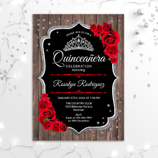 Quinceanera - Rustic Wood Silver Red Invitation