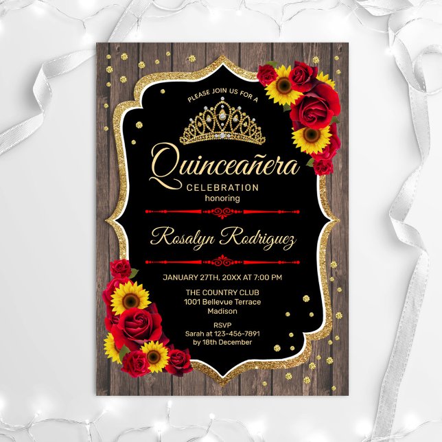 Quinceanera - Rustic Wood Sunflowers Roses Invitation (Creator Uploaded)