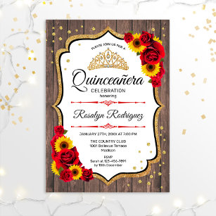Quinceanera - Rustic Wood White Sunflowers Roses Invitation