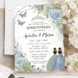 Quinceañera Sage Green Blue Floral Twins Silver Invitation<br><div class="desc">Personalize this lovely twins birthday invitation card with your own wording easily and quickly. Simply click the Edit Using Design Tools button to further edit the text, wording, font style, font size, font colour, add more text, move or remove some images. The butterflies, quince girls and crown are movable, resizable,...</div>