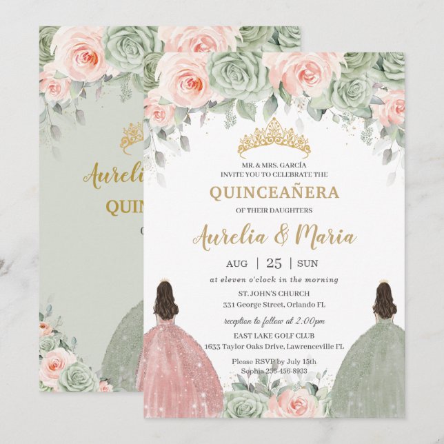 Quinceañera Sage Green Blush Floral Gold Twins Invitation (Front/Back)