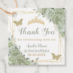 Quinceañera Sage Green Floral Gold Butterflies Favour Tags