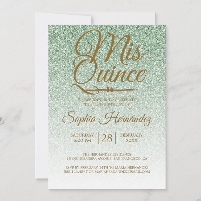 Quinceañera Sage Green Glitter 15th Birthday  Invitation (Front)