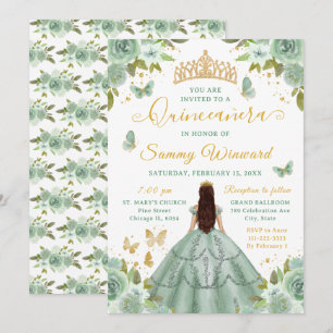 Quinceañera Sage Green Princess Brunette Girl Invitation