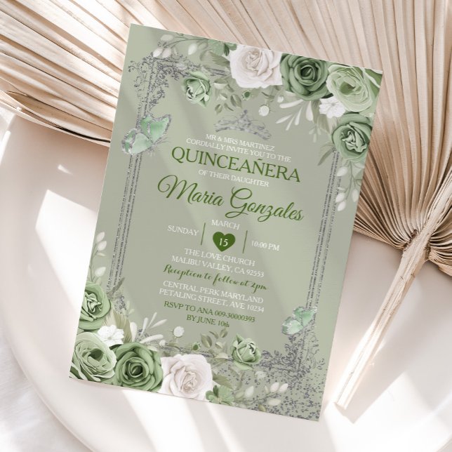 Quinceañera Sage Green Silver Crown Butterfly Invitation (Creator Uploaded)