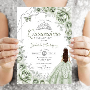 Quinceanera Sage Green Silver Dress Floral Invitation