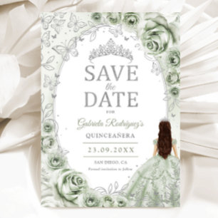 Quinceanera Sage Green Silver Floral Save The Date