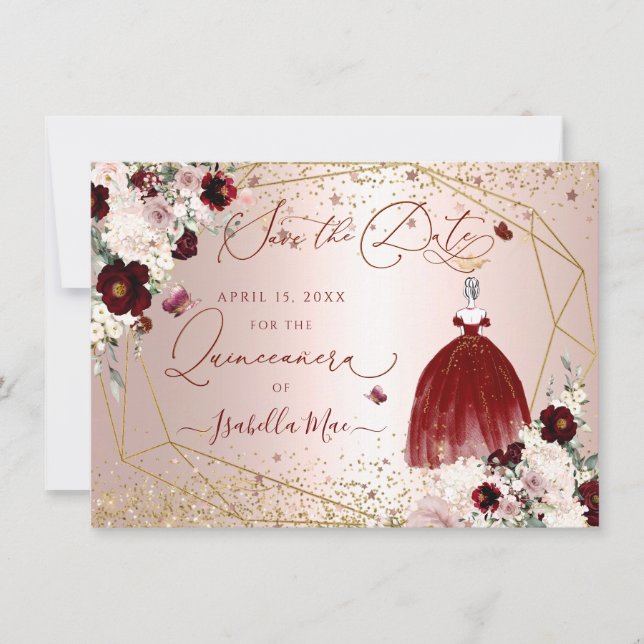 Quinceanera Sauvez la date Bourgogne Invitation (Devant)