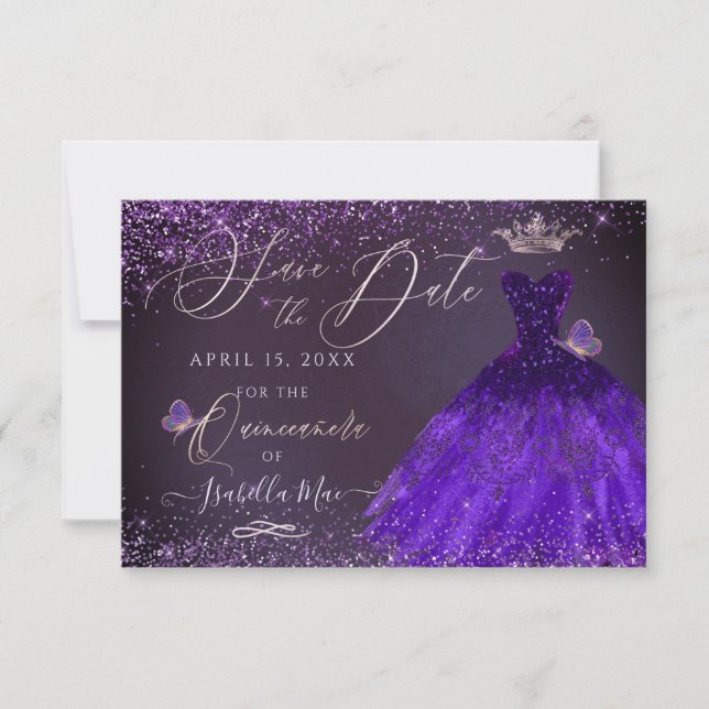 Quinceanera Save Date Butterfly Ultra Violet Gown Invitation (Front)