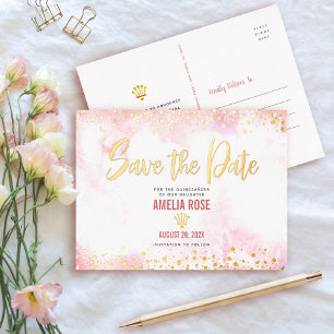 Quinceañera Save Date Crown Blush Pink Real Gold Foil Invitation Postcard
