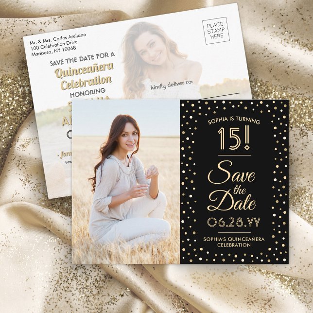 Quinceañera Save the Date 2 Photo Black and Gold Invitation Postcard (Creator Uploaded)