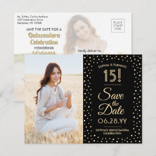 Quinceañera Save the Date 2 Photo Black and Gold Invitation Postcard