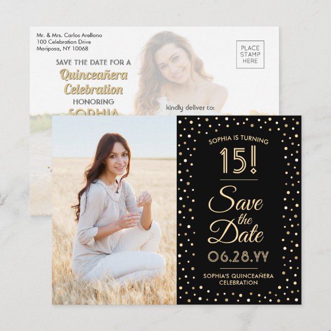 Quinceañera Save the Date 2 Photo Black and Gold Invitation Postcard (Front/Back)