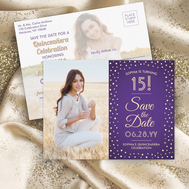 Quinceañera Save the Date 2 Photo Purple and Gold Invitation Postcard (Creator Uploaded)