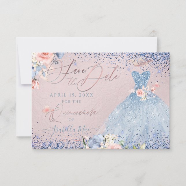 Quinceanera Save the Date  Dusty Blue Gown Invitation (Front)