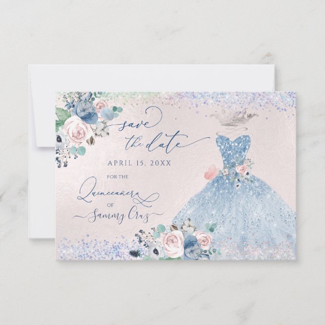 Quinceanera Save the Date Dusty Pink Blue Peonies  Invitation (Front)
