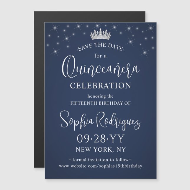 Quinceañera Save the Date Elegant Navy Blue Magnetic Invitation (Front/Back)