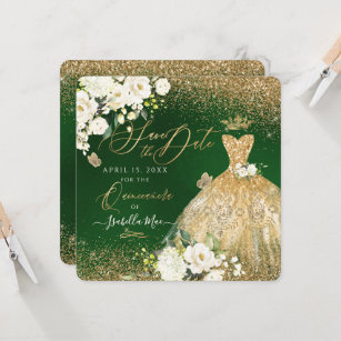 Quinceanera Save the Date Faux Glitter Gold Gown Invitation