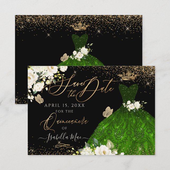 Quinceanera Save the Date Green Faux Glitter Gown Invitation (Front/Back)