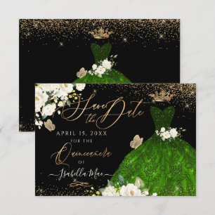 Quinceanera Save the Date Green Faux Glitter Gown Invitation
