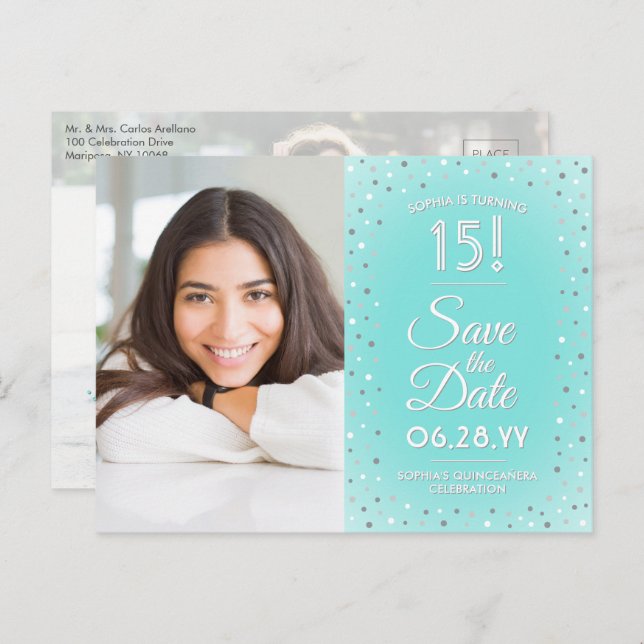 Quinceañera Save the Date Modern 2 Photo Teal Blue Invitation Postcard (Front/Back)