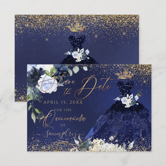 Quinceanera Save the Date Navy Blue Gown Invitation (Front/Back)