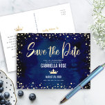 Quinceañera Save the Date Navy Gold Glitter Crown Invitation Postcard<br><div class="desc">Make sure all your friends and relatives will be able to celebrate your daughter’s milestone Quinceañera! Send out this stunning, modern, personalized “save the date” announcement postcard for your event. Sparkly gold faux foil calligraphy script, crown, and tiny confetti glitter dots, along with white sans serif typography, overlay a dramatic...</div>