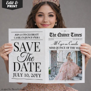 Quinceañera Save the Date Newspaper Photoshoot Card