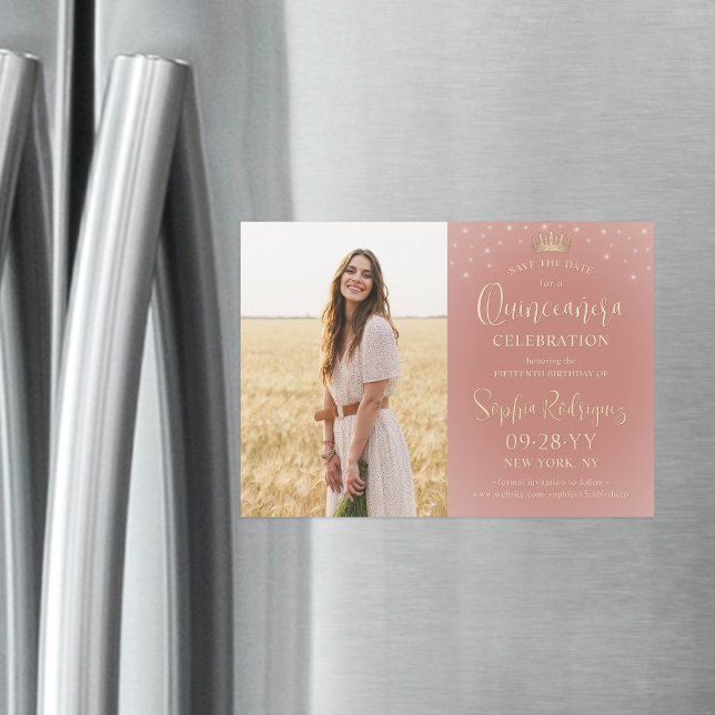 Quinceañera Save the Date Photo Rose Gold Sparkles Magnetic Invitation (Creator Uploaded)