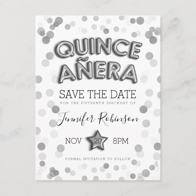 Quinceanera Save The Date Silver Balloons Glitter Announcement Postcard (Front)