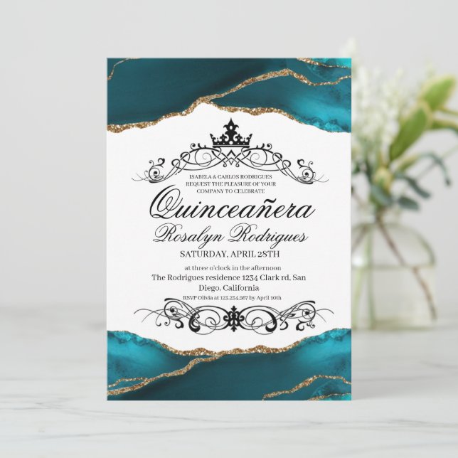  Quinceañera Script Turquoise Agate Photo  15th  Invitation (Standing Front)