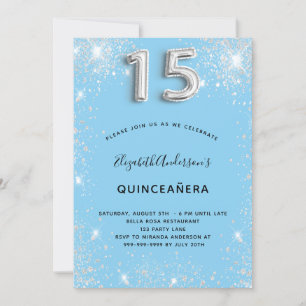 Quinceanera silver baby blue glitter dust invitation