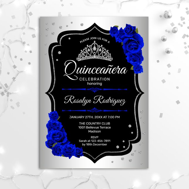 Quinceanera - Silver Black Royal Blue Invitation (Creator Uploaded)