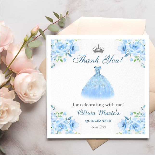 Quinceanera Silver Blue Floral Gown  Napkin (Creator Uploaded)