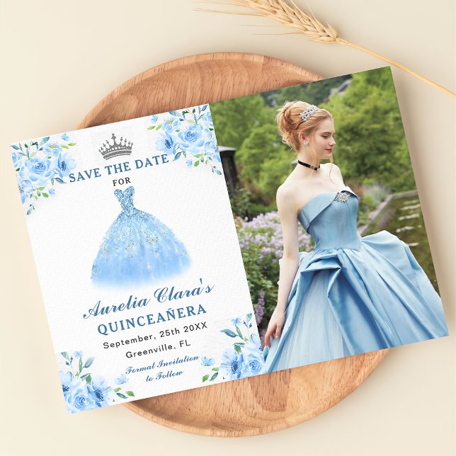 Quinceanera Silver Blue Floral Gown Photo Save The Date (Creator Uploaded)