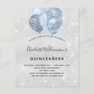 Quinceanera silver blue glitter balloon invitation