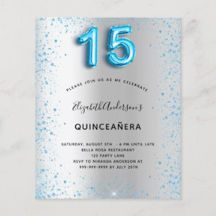 Quinceanera silver blue glitter budget invitation flyer
