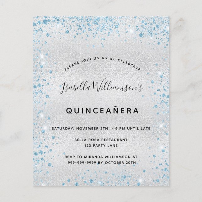 Quinceanera silver blue glitter budget invitation flyer (Front)