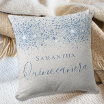 Quinceanera silver blue glitter drops monogram throw pillow<br><div class="desc">A pillow for a Quinceañera,  15th years old girls room. A faux silver metallic looking background with blue faux glitter drops,  spots. The text: Quinceañera is written in blue with a large modern hand lettered style script. Personalize and add a name.</div>