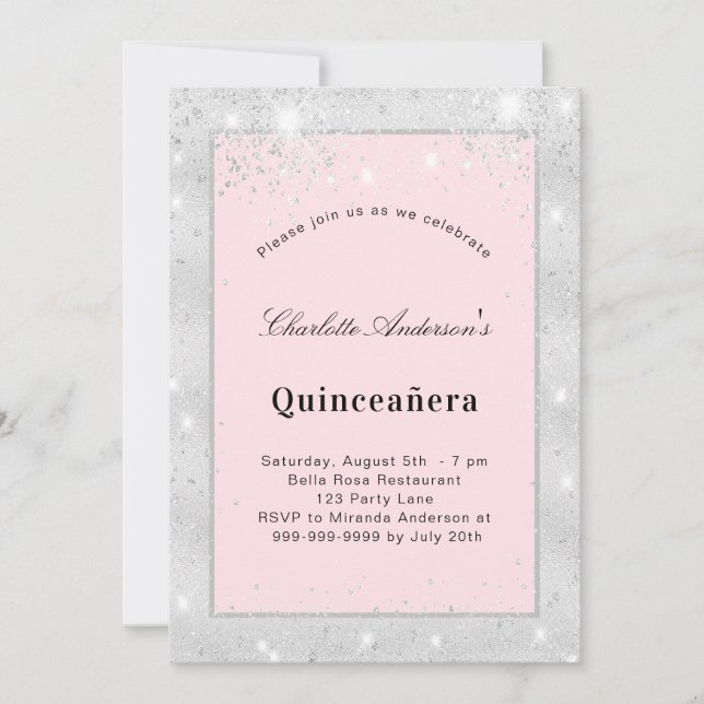 Quinceanera silver blush pink glitter dust invitation (Front)