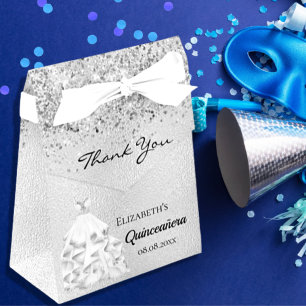 Quinceanera silver dress thank you favor box