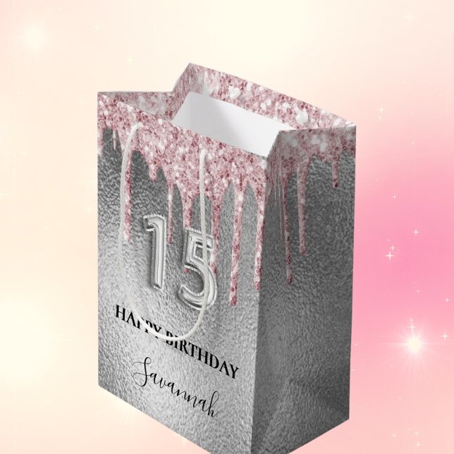 Quinceanera silver glitter drips pink monogram medium gift bag (Creator Uploaded)