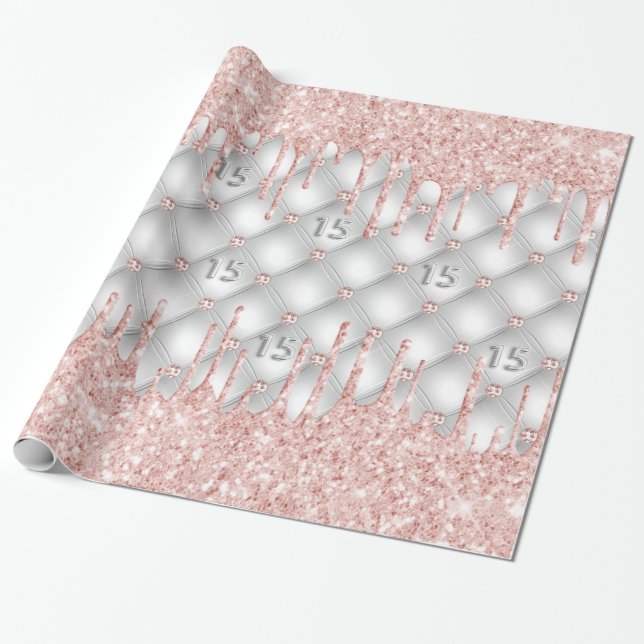 Quinceanera silver glitter drips rose gold pink wrapping paper (Unrolled)