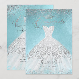 Quinceanera Silver Glitter Gown, DIY Blue Invitation