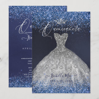 Quinceanera Silver Glitter Gown Invitation
