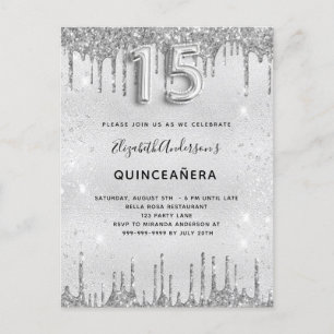 Quinceanera silver glitter invitation
