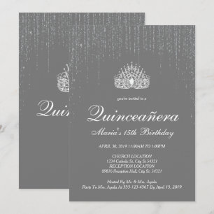 Quinceanera, Silver Glitter Invitations